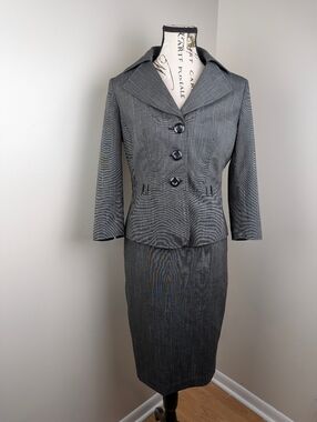 2pc Larry Levine Gray Pattern Skirt Suit Sz 4 Blazer Jacket Pencil Skirt Formal